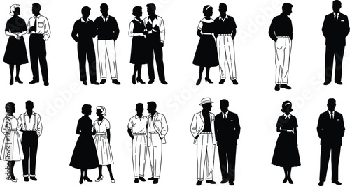 Vintage style silhouettes of 1950s fashion people, mid-century couples and individuals in formal attire, retro figures isolated on white background