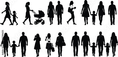 Vector silhouettes of diverse people walking, families with children, parents with strollers, and couples isolated on white background for lifestyle design