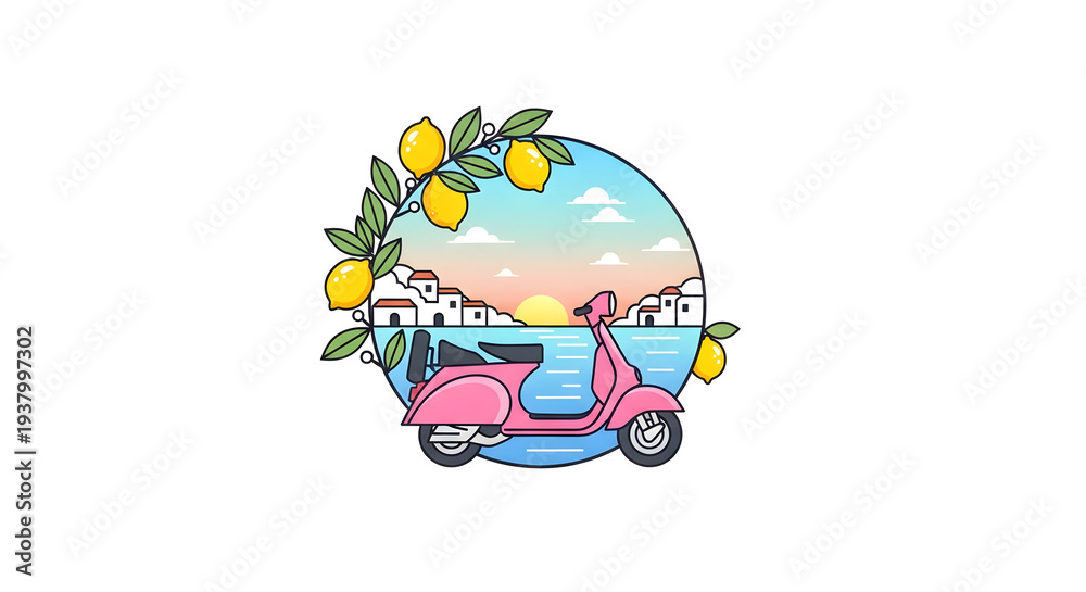 Fototapeta premium Flat Illustration Pink Scooter with Amalfi Coast Landscape and Lemon Branch