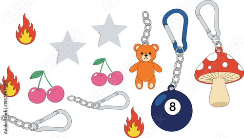 Keychain Charms Collection with Teddy Bear Mushroom 8 Ball and Cherries Vector Set
