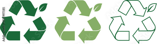 Recycling symbols with green leaves are displayed in a clean graphic illustration, representing ecological sustainability.