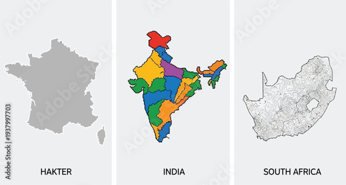 Three distinct country maps are displayed, featuring France in gray, India with multicolored states, and South Africa with.