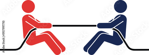 Cartoon vector illustration of red and blue figures engaged in tug of war pulling rope symbolizing competition conflict struggle balance