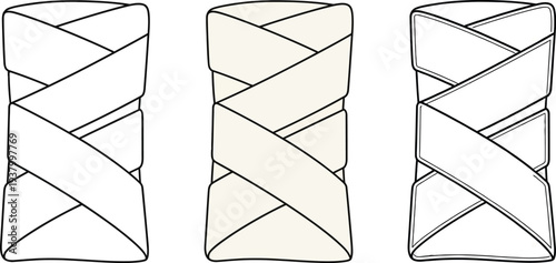 Three variations of a vertically wrapped bandage or athletic tape roll are shown in different line styles.