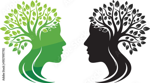 Human Head Silhouette with Tree Branches and Leaves Mind Nature Connection Concept Vector Illustration