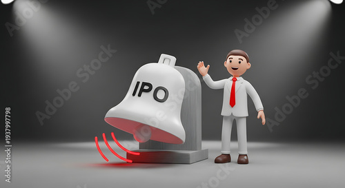 Cheerful businessman celebrating IPO success with a ringing bell