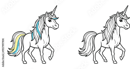 Elegant Unicorn Standing with Blue and Yellow Mane Accents