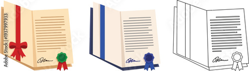 Official documents are presented as open certificates with red and blue ribbons and attached seals in multiple formats.