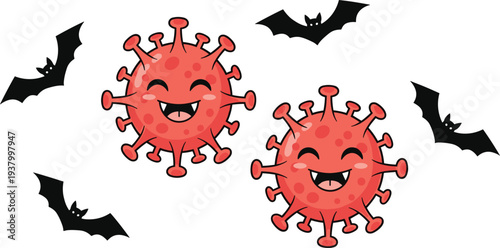  Cute cartoon virus characters with bats halloween spooky germ monster vector illustration funny infection mascot design