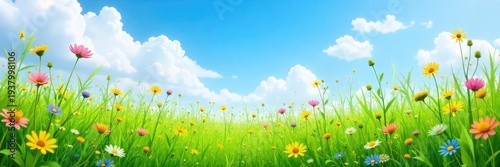 Lush green meadow bursting with wildflowers and tall grasses under a vibrant blue sky Perfect for nature, spring, and environmental themes , serenity, sunlight, colorful