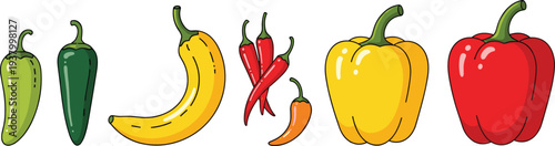 Chili Peppers Banana and Bell Peppers Fresh Food Vector Illustration Set
