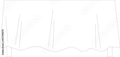 Simple line drawing of curtain or drapery with vertical folds and supporting brackets at bottom, minimalist fabric hanging illustration in black and white.