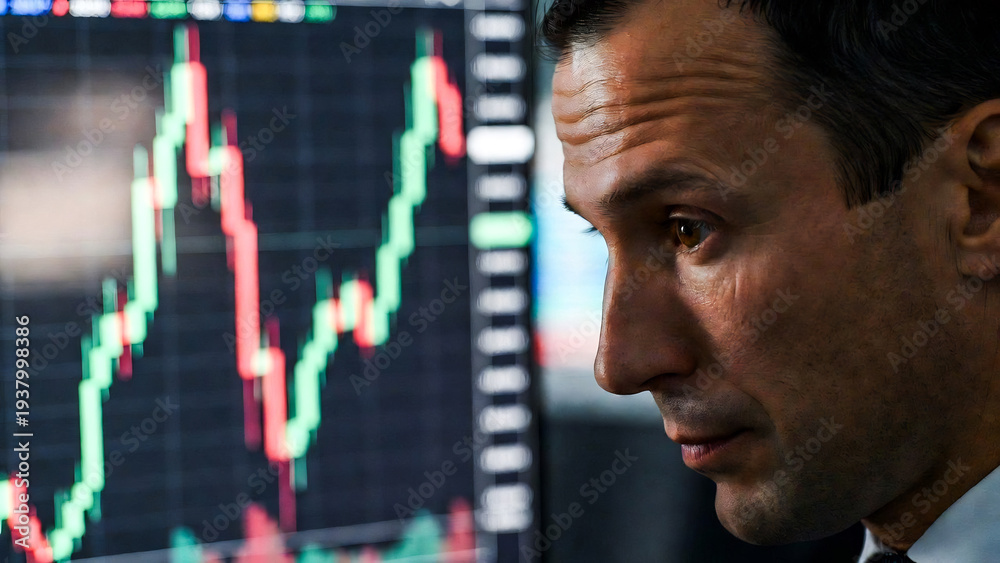 Fototapeta premium A man intently watches a fluctuating stock market graph on a bright screen. He appears focused and serious.