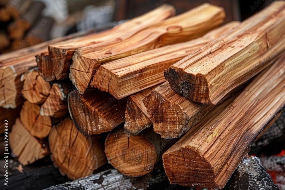 Obraz premium Firewood logs stacked and ready for burning in a fireplace, creating a warm and inviting atmosphere