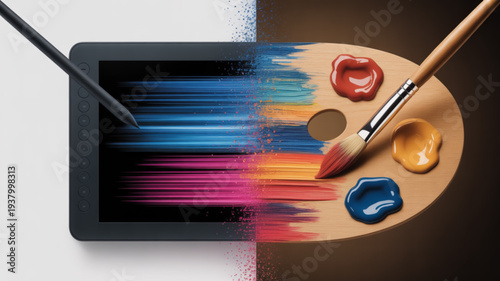 Digital painting tools with stylus and brushes on a tablet with a palette of vibrant colors blending artistic creativity