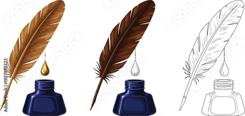 Two realistic brown feathers drip ink into matching dark blue inkwells alongside a colorless outline version.