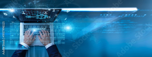 Tableau sur toile IT specialist using laptop with access management security system on keyboard and analysis authentication data, user permissions, identity control, and digital security protection