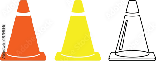 Traffic cones in orange, yellow, and outline styles are shown for road work, safety, or boundary marking.
