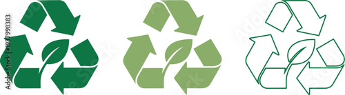 Three different styles of the universal recycling symbol prominently feature green leaves integrated into the arrows.