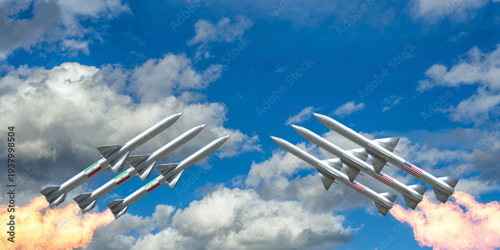Naklejka premium Six white missiles with Iranian and American flag markings launch simultaneously into a partly cloudy blue sky, symbolizing tension between Iran and the USA through military action imagery