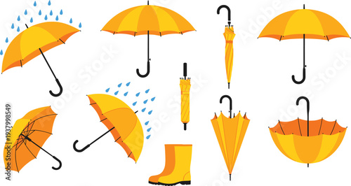  Yellow umbrella collection rain protection accessories waterproof weather icon set vector illustration rainy season design