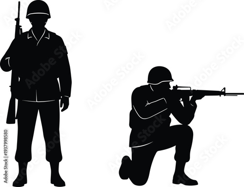 Military soldiers silhouette vector illustration with rifle standing and kneeling army posture tactical combat design war concept black artwork