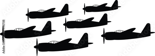 Silhouette formation of vintage propeller airplanes flying in coordinated aerial display, military aviation teamwork concept, isolated vector illustration on white background
