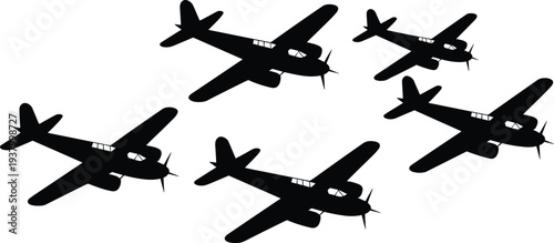 Silhouette formation of vintage propeller airplanes flying in coordinated military style against white background, aviation vector illustration for stock content
