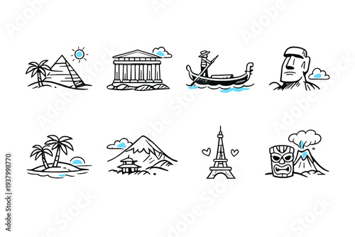 Collection of iconic travel destination landmarks and symbols in a minimalist style