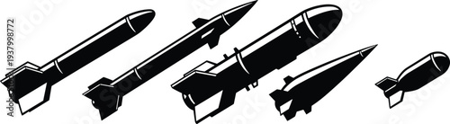 Silhouette illustration of missiles and bombs in row black white vector design military weapons aerodynamics war conflict destructionSilhouette illustration
