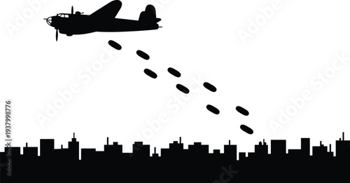 Silhouette military aircraft dropping bombs over city skyline urban war conflict destruction vector illustration symbolizing attack danger devastation