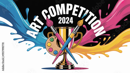 Vibrant art competition 2024 trophy with paintbrushes and palette on colorful splashes