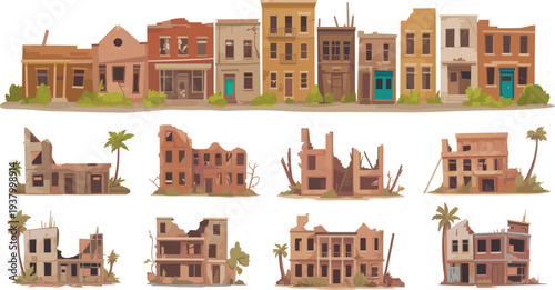 Urban street transformation showing vibrant colorful buildings contrasted with ruined decayed structures, illustrating architectural change, urban decay, and disaster impact