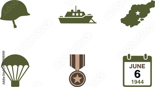 Vector illustration icons representing D Day World War II invasion Normandy June 6 1944 military helmet ship parachute medal calendar map