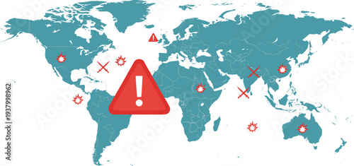 World map illustration with red warning symbols showing conflict zones, danger alerts, global hotspots, emergency risk areas, vector design concept