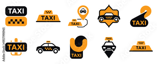 Taxi Service Icon Set, Urban Taxi Car Signs for Cab, Transport, and Delivery Services Vector Illustration