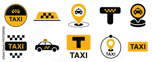 Taxi Service Icon Set, Yellow and Black Taxi Vehicle Symbols for Transportation and Ride-Hailing Vector Collection