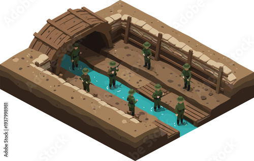 World War I trench warfare isometric vector illustration showing soldiers, sandbags, wooden supports, defensive structure, battlefield environment, and history