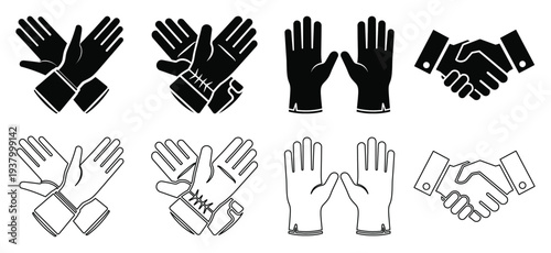Protective Work Gloves and Handshake Icons Set with Safety Gloves, Open Hands and Business Partnership Symbol for Construction, Industry, Labor Protection and Agreement Concepts Vector