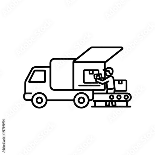 Moving truck illustration with worker loading boxes for relocation or delivery service