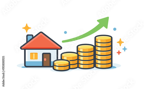 Real estate investment growth with rising coins and upward trend arrow
