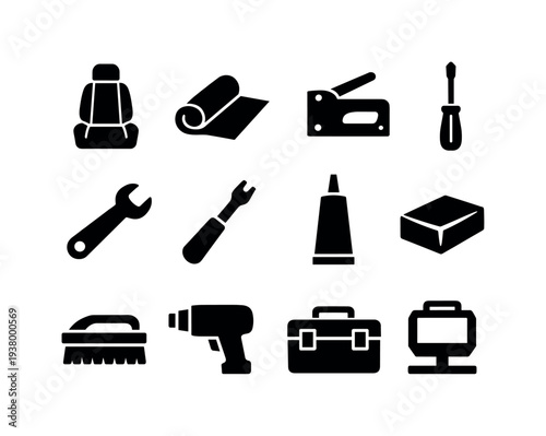 Collection of black icons representing various tools and materials for repair and construction