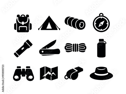 Collection of camping and hiking equipment icons on a white background