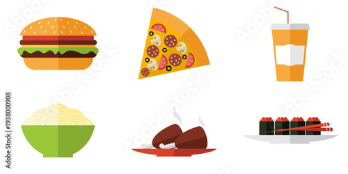 Set of 6 Fast Food and Asian Cuisine Icons Vector
