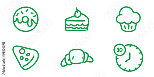 Set of 6 green outline food and time icons vector