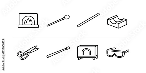 Set of glassblowing tools and equipment icons in a simple line art style
