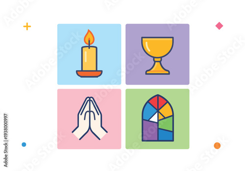 Religious symbols: candle, chalice, praying hands, and stained glass window