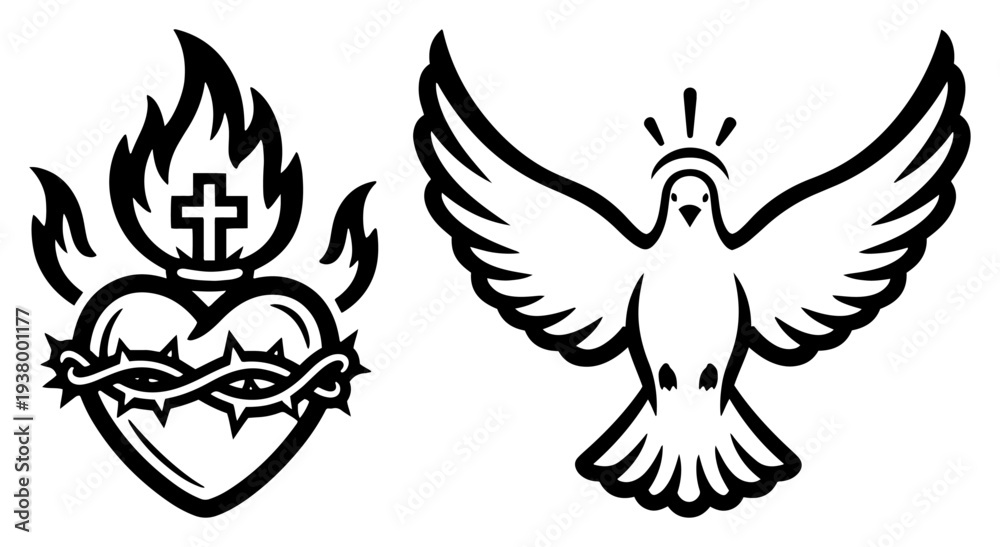Fototapeta premium Sacred heart and holy spirit dove religious symbols in black and white vector style