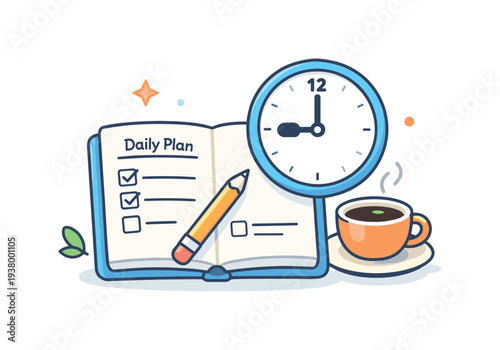 Daily plan with checklist, clock, and coffee cup, symbolizing productivity and time management