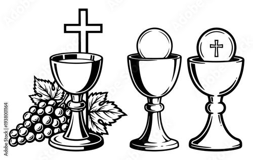 Christian communion chalices with host bread grapes and cross in black and white vector style